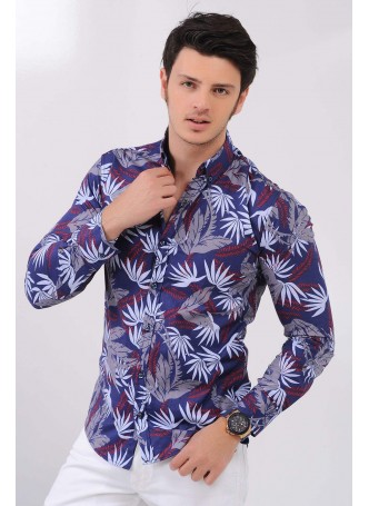 Gri Beyaz Yaprak Desenli Lacivert Gömlek