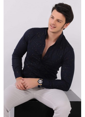 Renkli Püskürtme Lacivert Gömlek