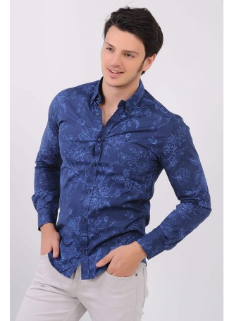 Çiçek Desenli Mavi Gömlek