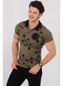 Armalı Siyah Desenli Polo Yaka Haki T-Shirt