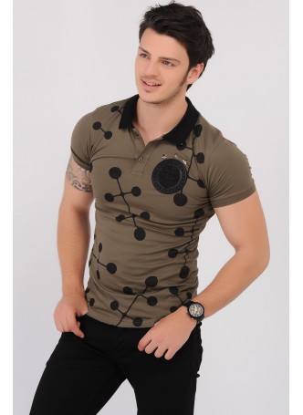 Armalı Siyah Desenli Polo Yaka Haki T-Shirt