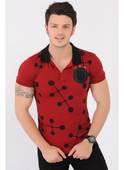 Armalı Siyah Desenli Polo Yaka Kırmızı T-Shirt