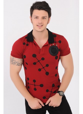 Armalı Siyah Desenli Polo Yaka Kırmızı T-Shirt