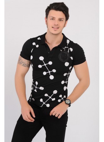 Armalı Beyaz Desenli Polo Yaka Siyah T-Shirt