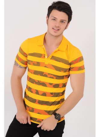 Kamuflaj Şetirli Polo Yaka Sarı T-Shirt
