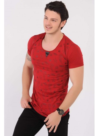 Siyah Baskı Desenli U Yaka Kırmızı T-Shirt