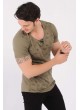 Siyah Baskı Desenli U Yaka Haki T-Shirt