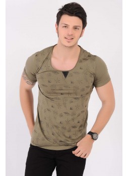 Siyah Baskı Desenli U Yaka Haki T-Shirt