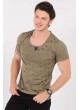 Siyah Baskı Desenli U Yaka Haki T-Shirt