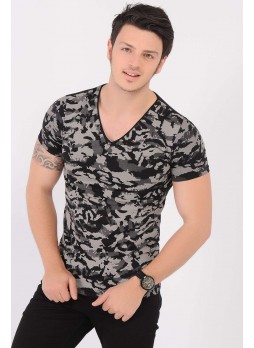 Krem Desenli Siyah T-Shirt