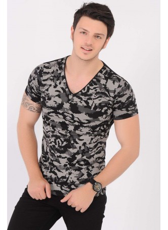 Krem Desenli Siyah T-Shirt