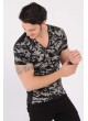 Krem Desenli Siyah T-Shirt
