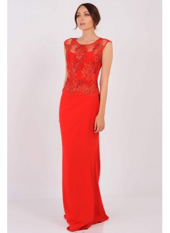 Üstü Dantel Kolsuz Kırmızı Abiye