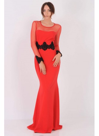 Kol Ucu Dantelli Kırmızı Abiye