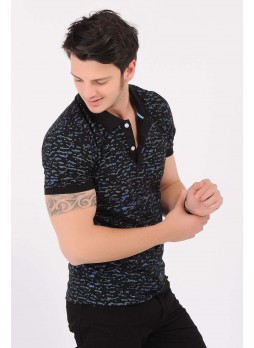 Mini Kamuflaj Desenli Siyah Polo Yaka T-Shirt