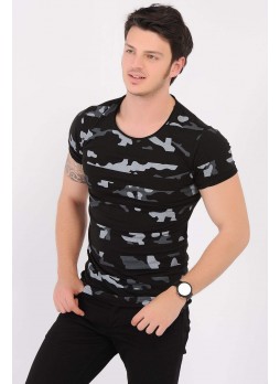 Kamuflaj Şeritli Siyah T-Shirt