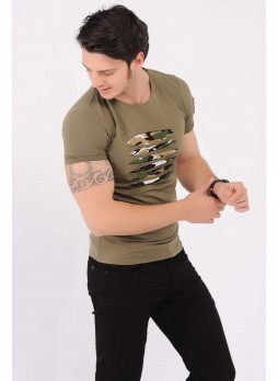 Army Armalı Kesikli Haki T-Shirt