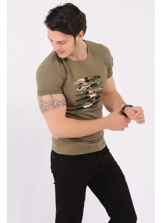 Army Armalı Kesikli Haki T-Shirt