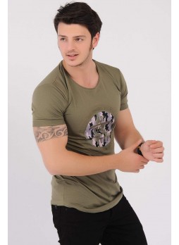 Kabartma Baskılı Haki T-Shirt