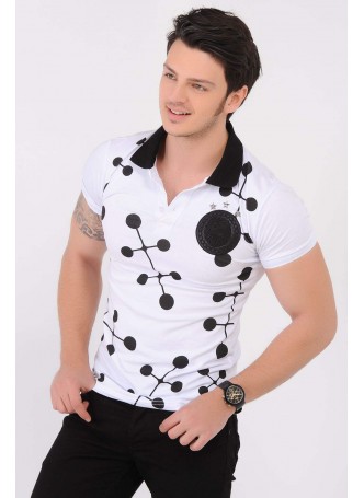 Armalı Siyah Desenli Polo Yaka Beyaz T-Shirt