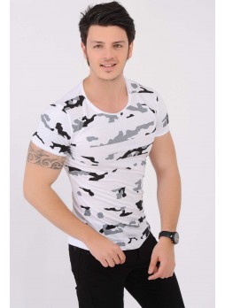 Kamuflaj Şeritli Beyaz T-Shirt