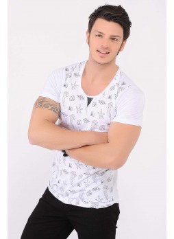 Siyah Baskı Desenli U Yaka Beyaz T-Shirt