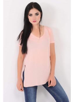 V Yaka Kesikli Pudra T-Shirt