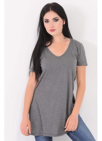 V Yaka Kesikli Gri T-Shirt