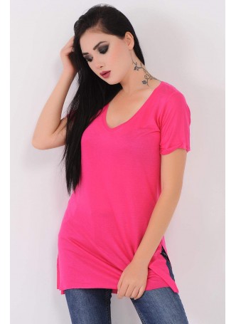 V Yaka Kesikli Pembe T-Shirt