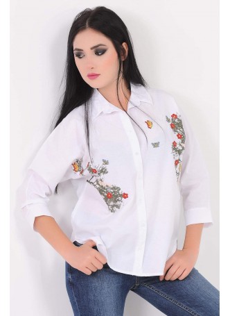 Baskı Nakış Desenli Beyaz Gömlek