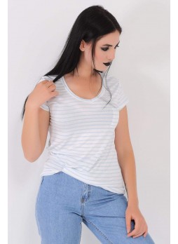 Cepli Çizgili Beyaz T-Shirt