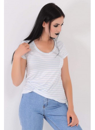 Cepli Çizgili Beyaz T-Shirt