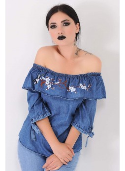 Nakışlı Lacivert Kot Bluz