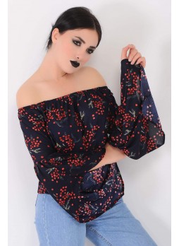 Crep Kollu Püsküllü Lacivert Bluz