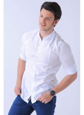 Hakim Yaka Keten Beyaz Gömlek