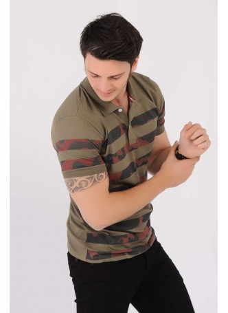 Şeritli polo Yaka Haki T-Shirt