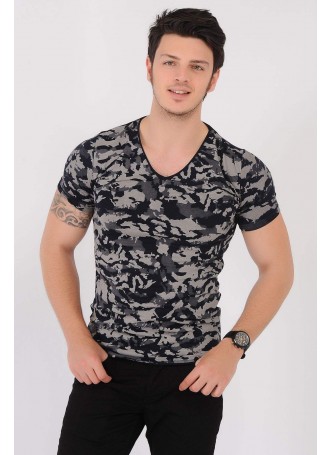 Krem Desenli Lacivert T-Shirt