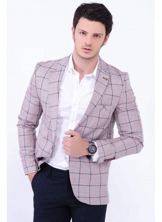 Kare Çizgili Krem Blazer Ceket