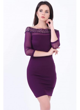 Tül Kol Dantel Yaka Mürdüm Elbise