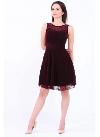 Kabartma Desenli Bordo Dantel Elbise