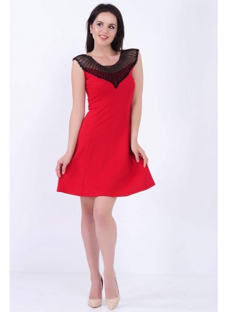 Motifli Tül Yaka Geniş Etek Fuşya Elbise