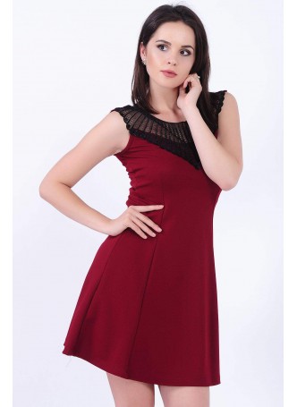 Motifli Tül Yaka Geniş Etek Bordo Elbise