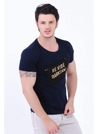 Kabartma Baskılı Lacivert T-Shirt