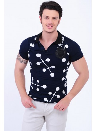 Armalı Beyaz Desenli Polo Yaka Lacivert T-Shirt
