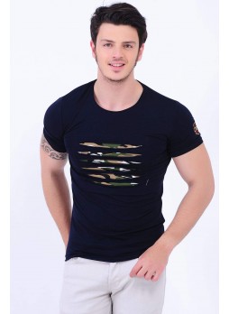 Army Armalı Kesikli Lacivert T-Shirt