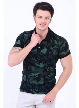 Yeşil Desenli Polo Yaka Siyah T-Shirt