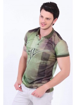 Desenli Polo Yaka Yeşil T-Shirt