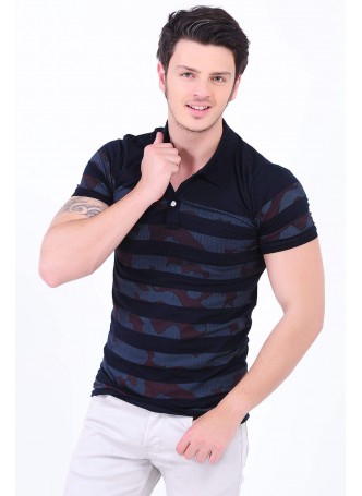 Kamuflaj Şerit Desenli Lacivert T-Shirt
