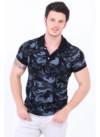 Turkuaz Desenli Polo Yaka Siyah T-Shirt
