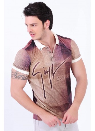 Desenli Polo Yaka Bordo T-Shirt